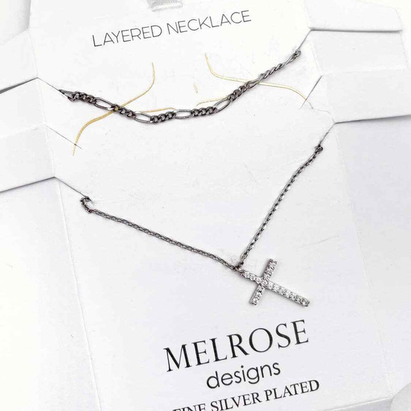 Melrose Design Cross Necklace Silver Plated Layered Cuban Chain‎ Pave - Picture 1 of 5